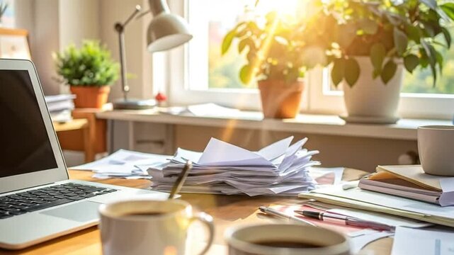A messy desk with a laptop, coffee cups and paperwork in the sunlight