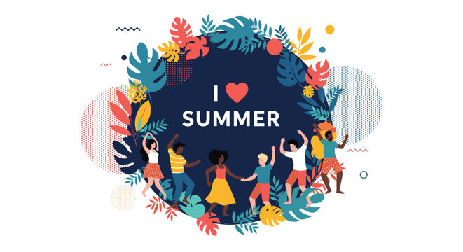 Diverse group of people dancing joyfully inside a tropical floral wreath with the message I love summer in the center.