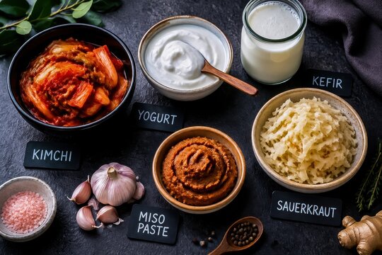 Assorted fermented foods including kimchi, yogurt, kefir, and sauerkraut displayed on a dark table.