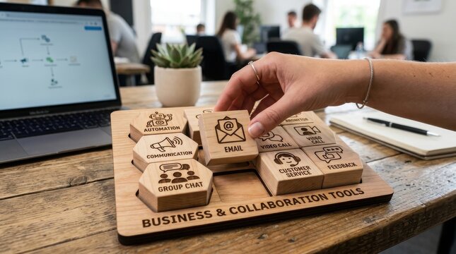 Hand placing wooden business collaboration tools on desk