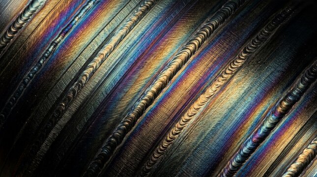 Close-up abstract view of colorful iridescent metal surface with parallel lines and weld seams, showcasing metallic texture and industrial detail