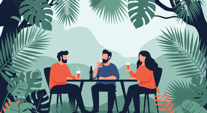 Friends enjoying drinks and conversation at a table surrounded by lush green tropical plants and a misty mountain forest.