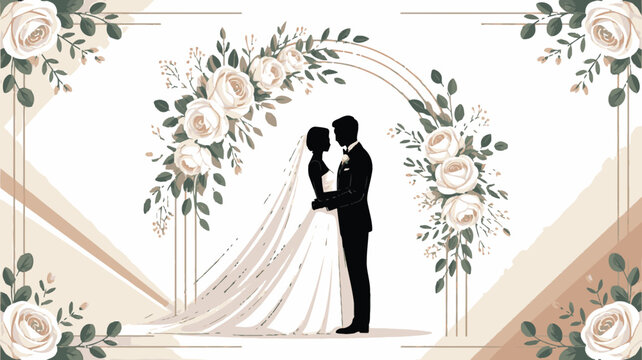 Wedding Couple Silhouette with Floral Arch and Rose Background