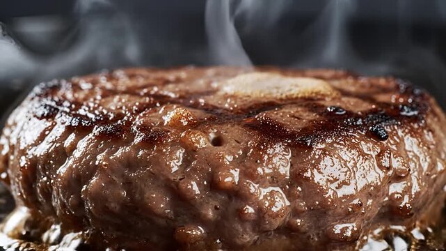 Juicy Beef Burger Patty Sizzling on a Hot Grill with Steam Rising.