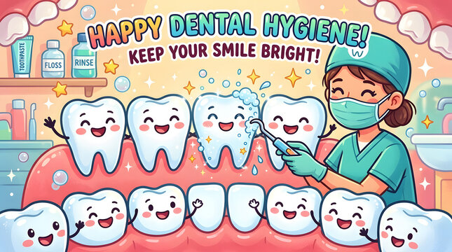 Cartoon style dental hygiene illustration, dentist tool cleaning front teeth