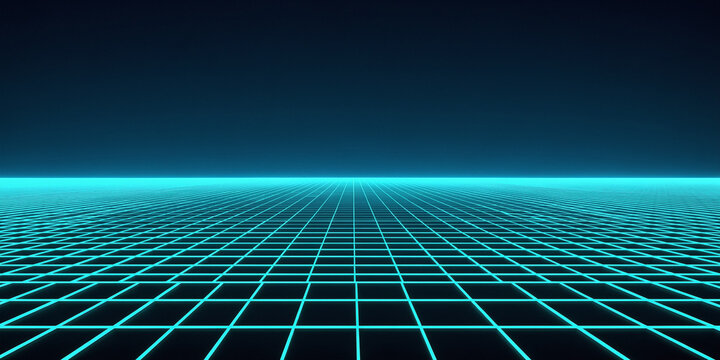 Glowing Light Grid Stretching into Horizon on Dark Blue Background