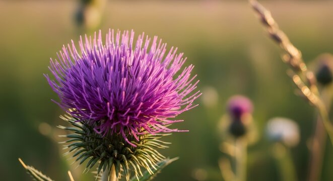 Close-up of a vibrant purple thistle flower in a field.