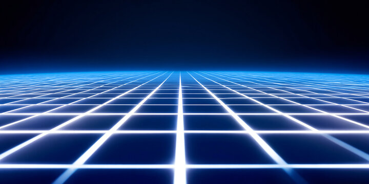 Glowing Light Grid Stretching into Horizon on Dark Blue Background