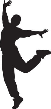 Black silhouette of young man dancing jumping isolated on white background full body graphic illustration for design element print vector.