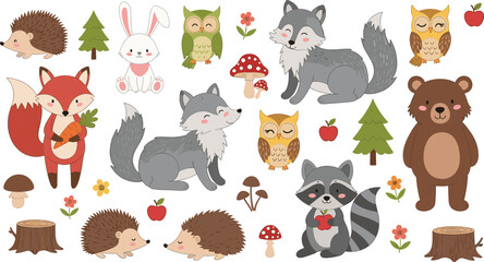 Obraz premium Cute Woodland Forest Animals Clipart Vector Set with Bear Fox Wolf Owls and Hedgehogs for Kids Room Nursery Prints and Sticker Designs
