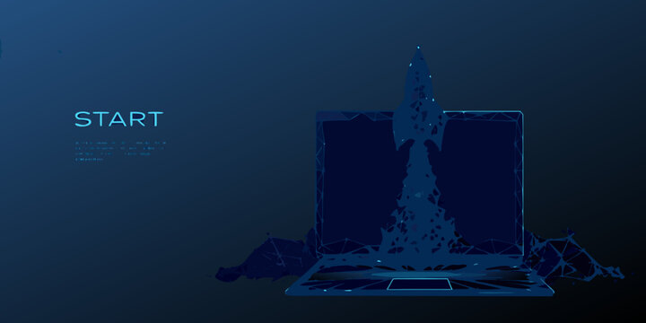 Blue wireframe rocket launching from a digital screen with glowing code background
