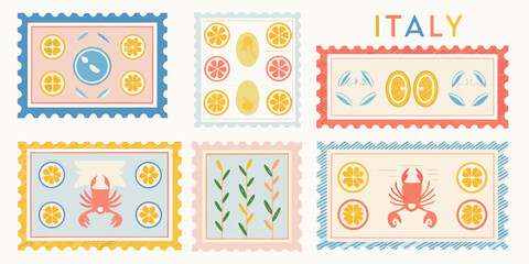 Collection of vintage inspired postage stamps with italian themes and colorful illustrations © Sudhakar