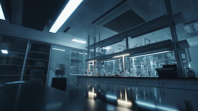 Contemporary laboratory instruments and glass flasks create a professional backdrop for scientific innovation, development, and groundbreaking research in a specialized clinic workspace