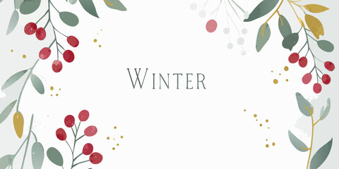 watercolor winter berry branch and leaves illustration with text on white background © Sudhakar