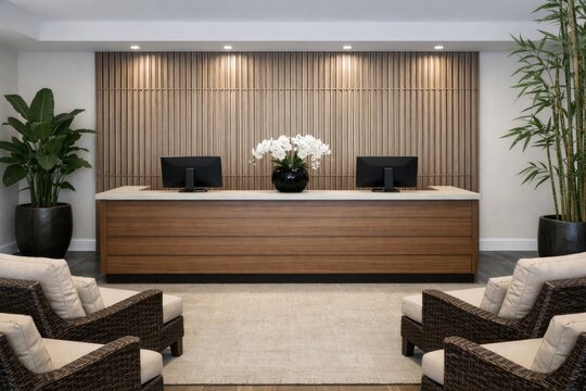 Empty hotel lobby reception desk with wooden wall paneling.". Ai generative