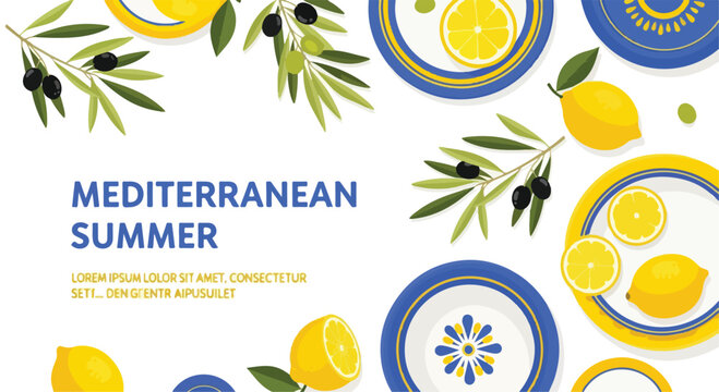 Mediterranean summer background with lemons and olives, flat vector illustration of citrus fruits and olive branches, blue and yellow table setting