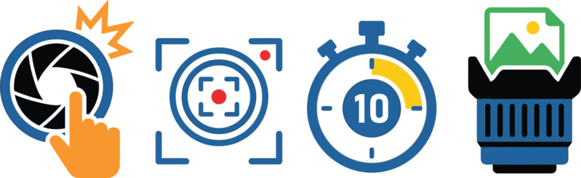 Photography interface icons highlight essential camera settings such as shutter control, focus targeting, self-timer functionality, and lens features.