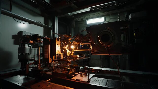 Complex industrial machinery with intricate optical and mechanical components working in a dark research facility, representing innovation, engineering, and scientific discovery