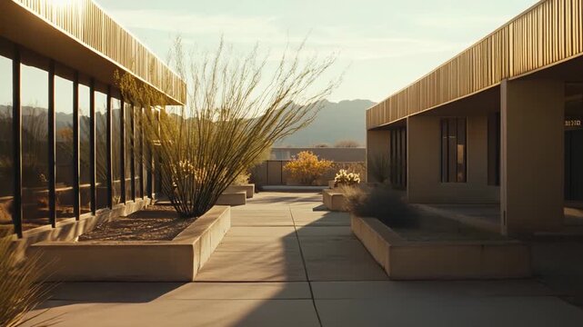 Contemporary building featuring a minimalist architectural style harmonizing with a desert landscape, creating a peaceful outdoor patio illuminated by the warm sunlight and distant mountains