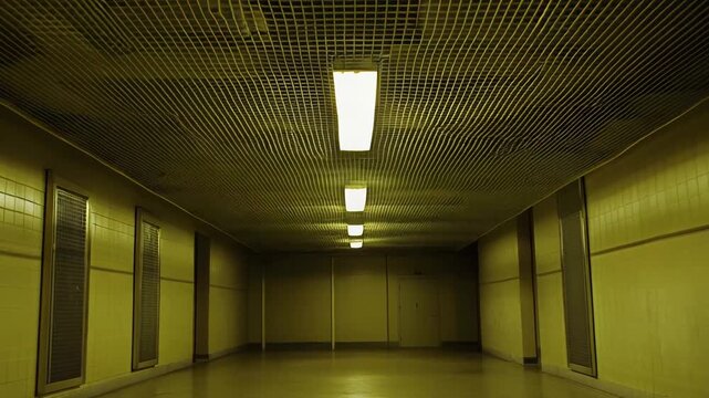Empty long hallway converging into the distance, with a grid ceiling and fluorescent lights creating a sterile, symmetrical, and unsettling liminal space