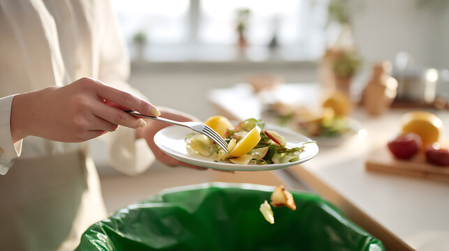Woman's hand puts food waste from white plate into green trash can, promote compost, reduce waste, and eco-friendly living