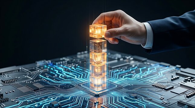 Professional hand stacking a glowing digital cube onto a technological pillar, symbolizing data centralization and advanced cybersecurity infrastructure