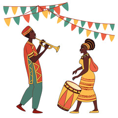 vector illustration of african musicians playing trumpet and drum with festive bunting flags © shahin10