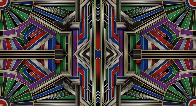"Intricate vintage 1920s kaleidoscope illustration with metallic architectural elements and stained glass"