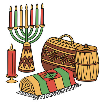 kwanzaa decor vector illustration of kinara mkeka mazao and mishumaa saba on white background