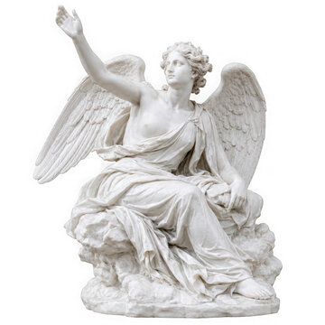 Majestic marble angel statue sitting with wings outspread as clean cutout isolated on transparent background