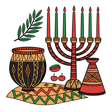 kwanzaa celebration illustration with kinara fruits drum and leaf on a patterned cloth