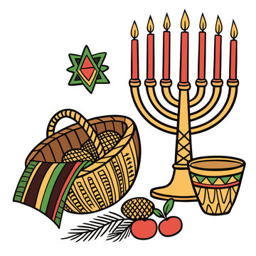 kwanzaa still life with kinara mkeka mazao and star of africa on white background
