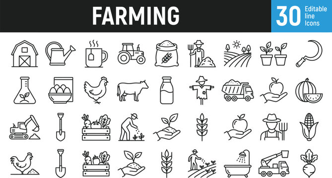 Farming line icon set. Editable line Agriculture, planting, gardening, farmers, vegetables, tractor collection. Vector illustration.
