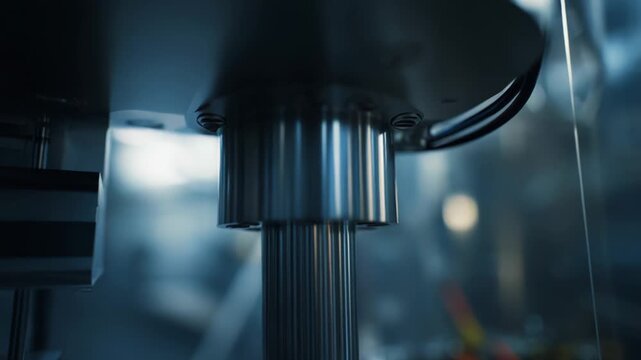 Automated industrial machine using advanced engineering technology to assemble small metal components with precision on a production line, optimizing manufacturing processes