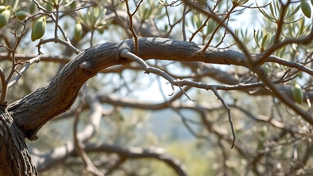Twisted olive tree branches forming unnatural bends in wind.