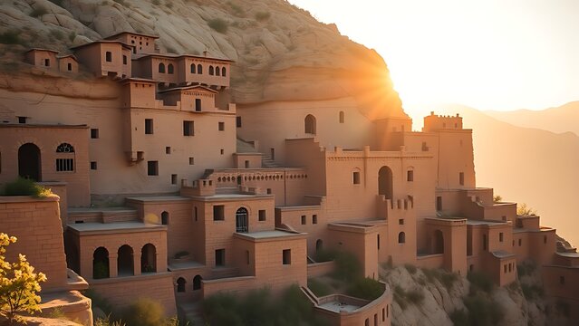 Terraced earthen buildings on a mountainside with patterned windows.