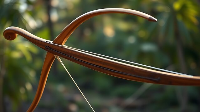 A traditional longbow fully drawn, taut string against a soft natural background.
