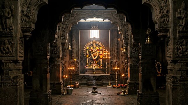 Sacred Hindu shrine interior with incense and devotional altar