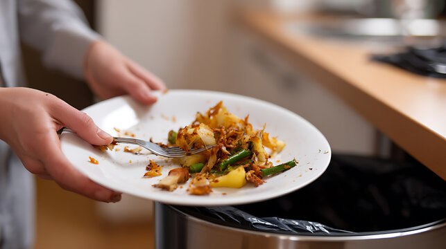 Person discard food waste from a white plate into a bin, showing excess food consumption and environmental impact, kitchen background