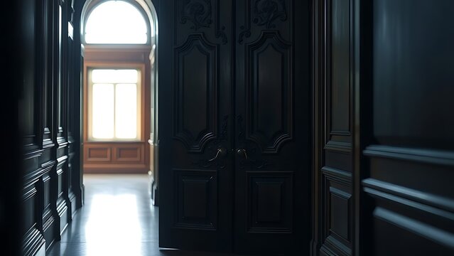 An ornate wooden door closing in a dim corridor, light from a distant window.