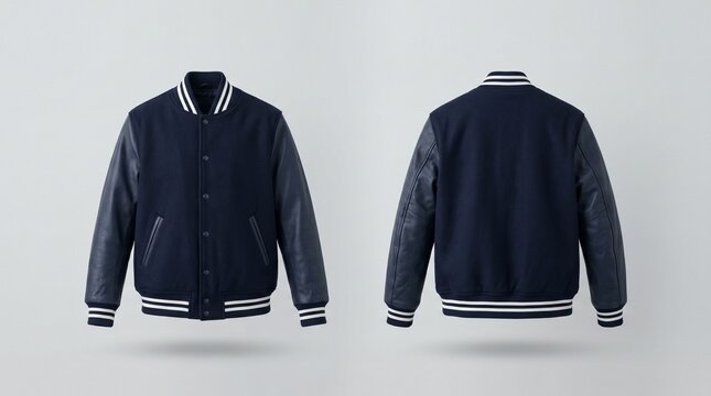 Blank Navy Blue Varsity Jacket Mockup Showing Front and Back Views on an Isolated Background, Ideal for Sportswear Design Presentation and Fashion Branding