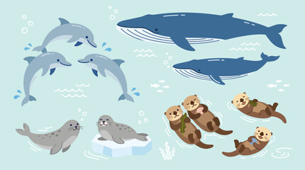 Naklejka premium Whimsical Marine Mammal Collection Featuring Whales, Dolphins, Seals, and Otters in Playful Poses