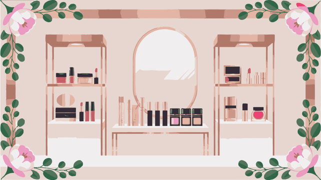 beauty, makeup, cosmetics, skincare, vector illustration, rose gold, floral frame