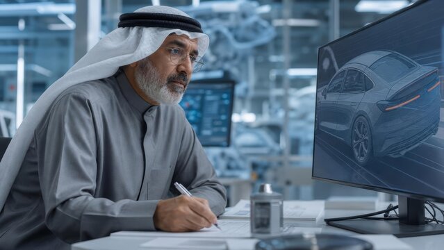 A middle-aged Arab man in traditional attire analyzes automotive designs on a computer screen during a virtual driving simulator session.