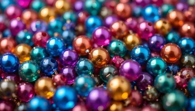 Vibrant colorful beads in various sizes and shapes shiny reflective surfaces multicolored background close up macro shot decorative objects