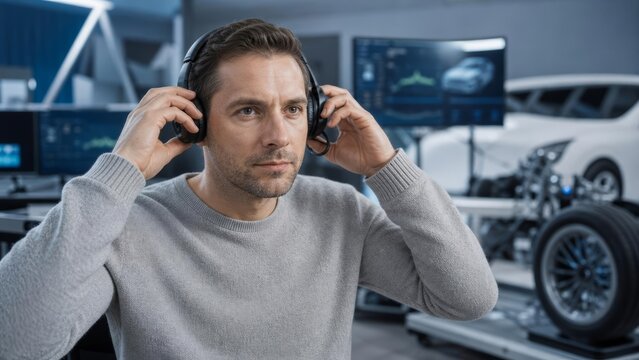 A young Caucasian man with brown hair wears headphones in a modern automotive testing facility. Multiple screens display data related to driving simulations.