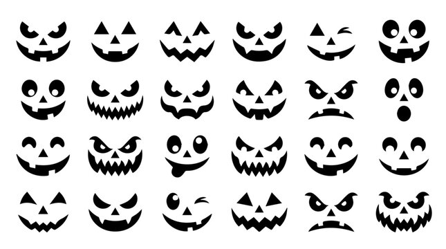 Halloween Pumpkin Face Vector Set | Black Silhouettes of Jack-o&rsquo;-Lantern Expressions | Editable Graphic for Spooky, Holiday, and Decorative Design Projects