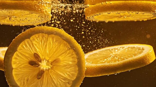 Lemon slices submerged in sparkling water create a refreshing citrus background with air bubbles.