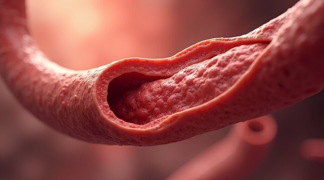 Detailed medical illustration of constricted blood vessel with fatty deposits narrowing passageway