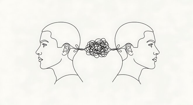Abstract line art of two human profiles connected with tangled thread psychology concept